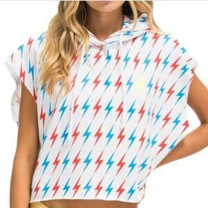 Aviator Nation Bolt sleeveless relaxed Cropped Pulllover Hoodie in white USA M